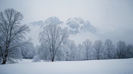 Chilly winter nature scene with snow-covered trees and hills