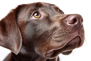 Close-up of a chocolate Labrador puppy's head, looking upward against white background