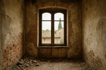 An empty residence featuring a window in an abandoned setting