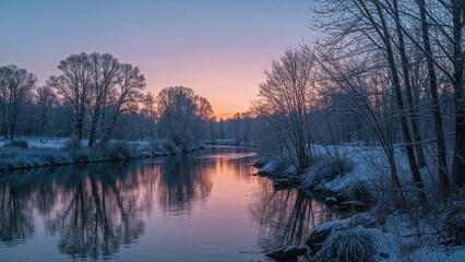 Fototapeta premium River illuminated by winter sunset