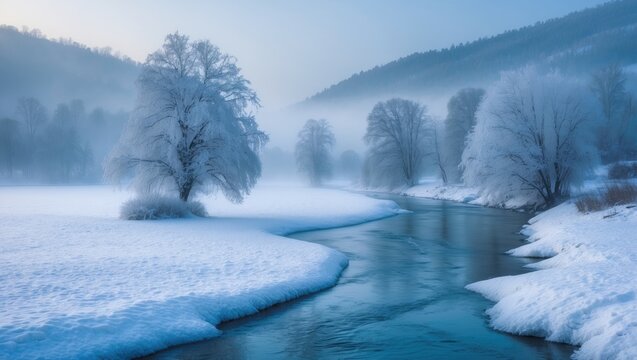 Serene winter morning depicting snow-blanketed plains, icy trees, and a foggy riverbank