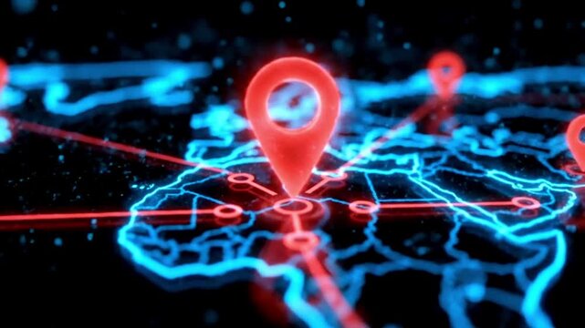 Global network connections illustrated with glowing blue digital world map and red location pins, symbolizing worldwide communication, GPS tracking, and global connectivity technology