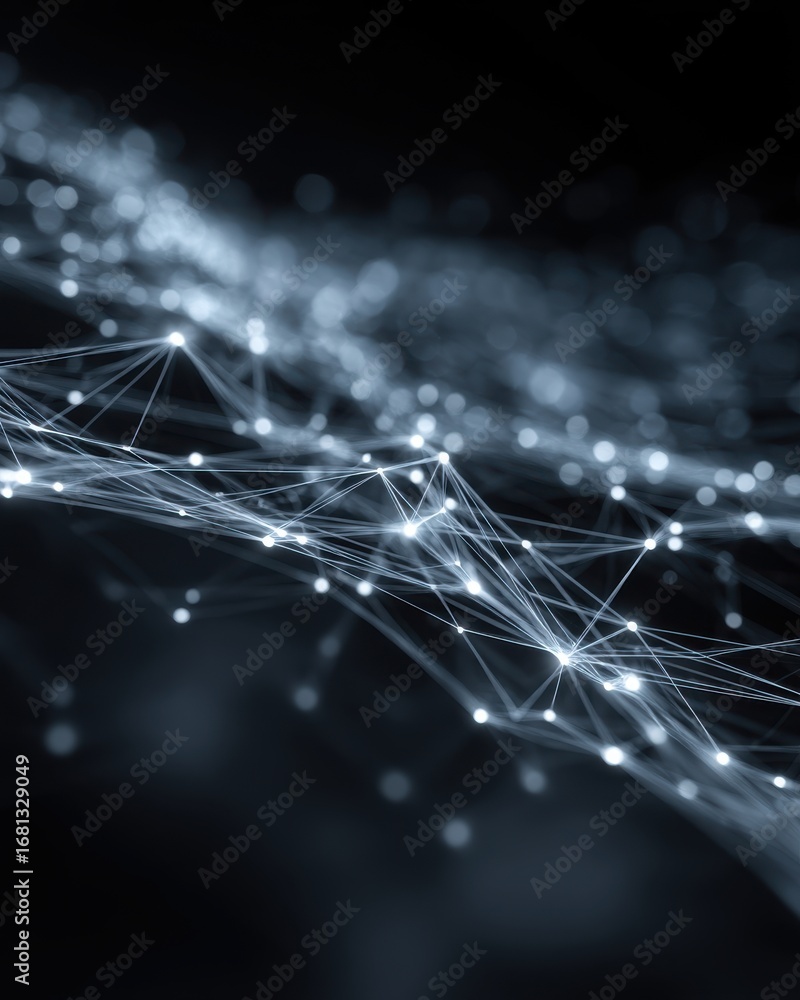 Poster abstract network connection with glowing nodes in dark space close up for technology concept