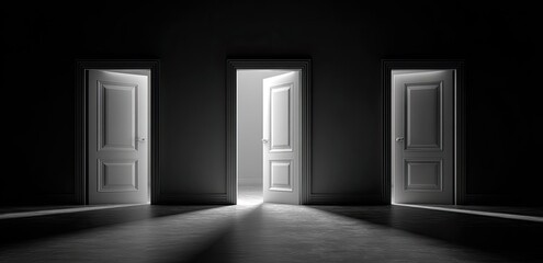 Three white doors in a dark room, one open, illuminating the path