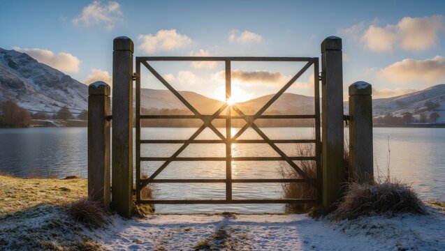 Sunrise glow over a winter gate opening to a serene lake