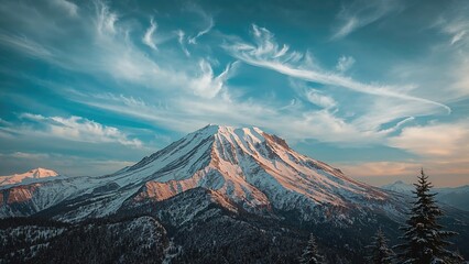 Sunlit Mountain with Thin Snow Layer and Intense Blue Clouds in the Morning