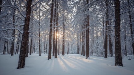 Naklejka premium Frosty forest scene with a blanket of snow