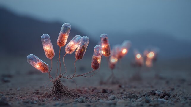 Surreal still life of glowing vitamin capsules taking root in a barren desert, blending organic and artificial.