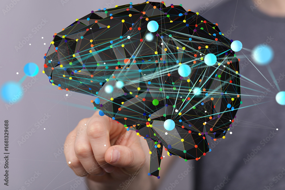 Aufkleber abstract brain model with colorful nodes and connections. ai, neural networks, data science concept.