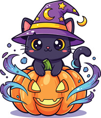 Black cat in witch hat sitting in glowing pumpkin, Halloween magical cartoon illustration, cad drawing flat vector illustration