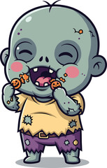 Baby zombie cartoon character with Halloween candy, cute spooky festive illustration, playful costume design, cad drawing flat vector illustration
