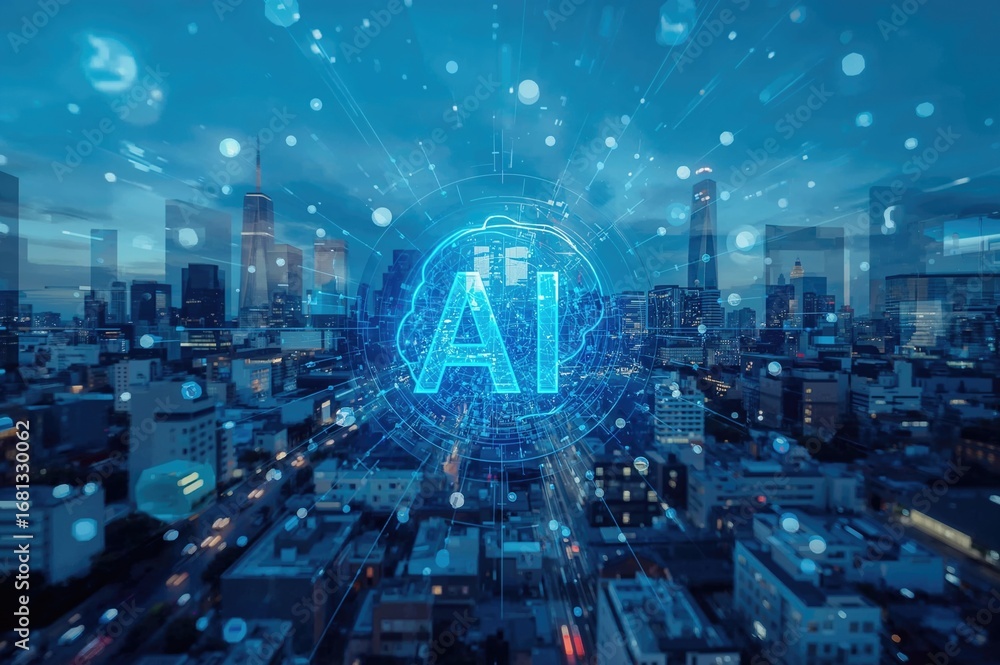 Poster illuminated azure ai hologram set against a soft-focused urban background, depicting the themes of a