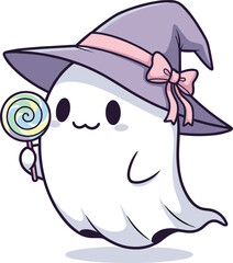 Fototapeta premium Cute ghost with witch hat and lollipop, Halloween cartoon vector, festive spooky character design, cad drawing flat vector illustration