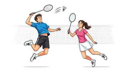 Badminton Match Illustration: A dynamic illustration captures the essence of a badminton match, two players intensely focused as they engage in a spirited game of badminton.