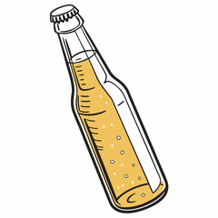 Hand drawn illustration of a refreshing bottle of golden beer with bubbles and condensation