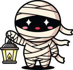 Cute mummy cartoon character with glowing lantern, Halloween spooky festive illustration, playful costume design, cad drawing flat vector illustration