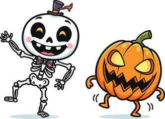 Dancing skeleton and pumpkin character, Halloween cartoon vector, festive spooky illustration, joyful motion pose, cad drawing flat vector illustration