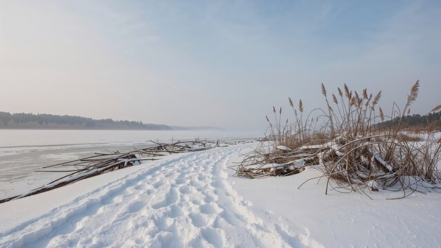 Wintery scene of a lakeside beach with ice and snow