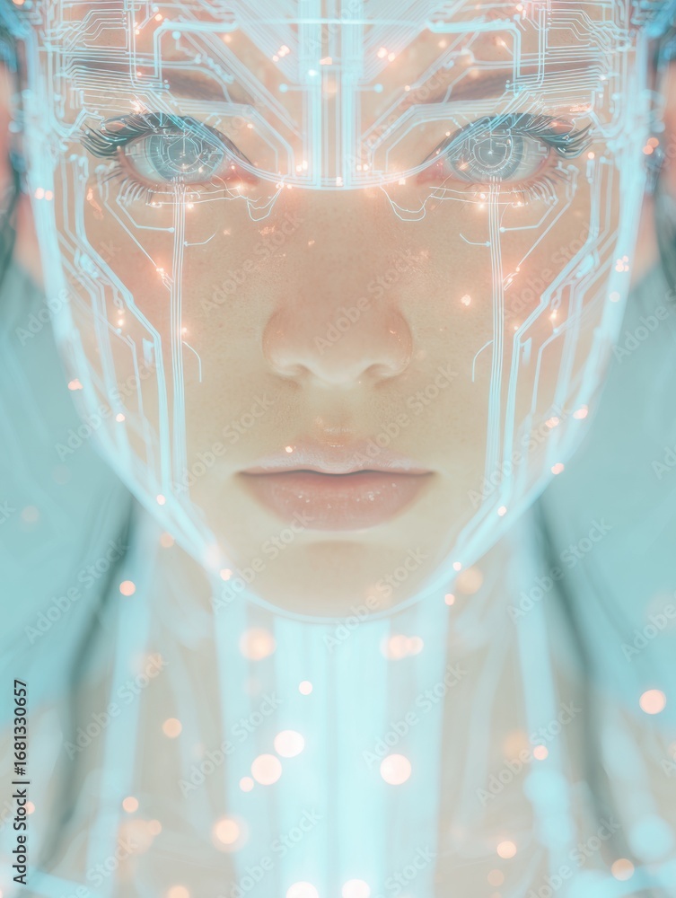 Poster futuristic humanoid figure with digital features and glowing elements in a tech-inspired environment