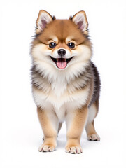 a smiling black cream brown golden yellow orange Pomeranian puppy dog