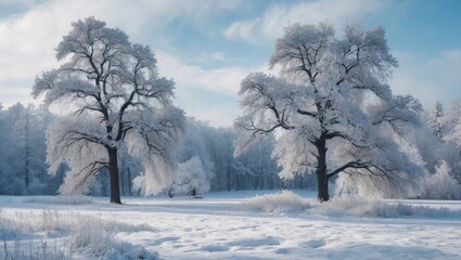 Obraz premium Frozen landscape with leafless trees and a pale sky