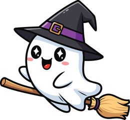 Flying ghost cartoon character with witch hat and broomstick, Halloween magical festive illustration, cad drawing flat vector illustration