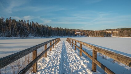Naklejka premium Scenic view of a snow-blanketed wooden bridge spanning icy waters in the countryside.
