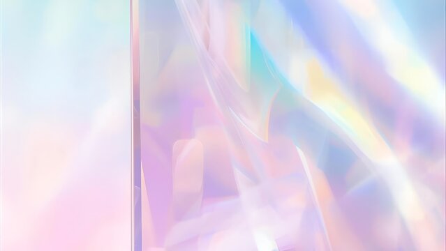 Soft, ethereal light on iridescent, flowing fabric. A dreamlike, holographic dance of pastel pink, blue, and gold.