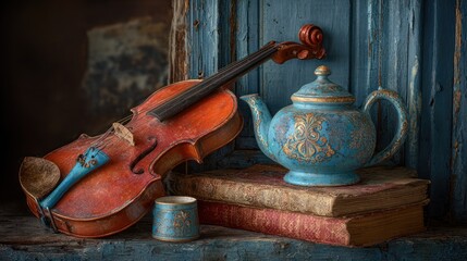 Vintage violin and teapot still life