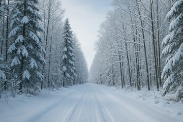 Fototapeta premium Frozen forest trail covered in snow
