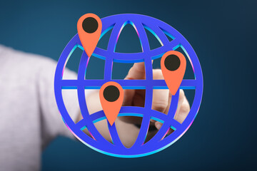 3D render of hand interacting with a global network map. Ideal for technology, connectivity, and...
