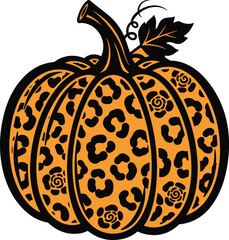 Leopard print pumpkin with floral accents, Halloween autumn decorative cartoon illustration, stylish festive design, cad drawing flat vector illustration