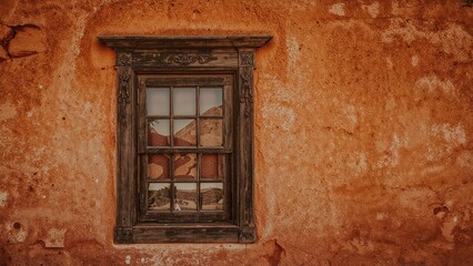 Windows on the exterior of an aged church stained by reddish desert dust