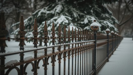 Vintage ornamental fence detail in a snowy landscape