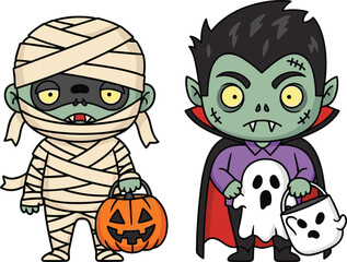 Mummy and vampire cartoon characters with candy buckets, Halloween costume illustration, spooky festive design, cad drawing flat vector illustration