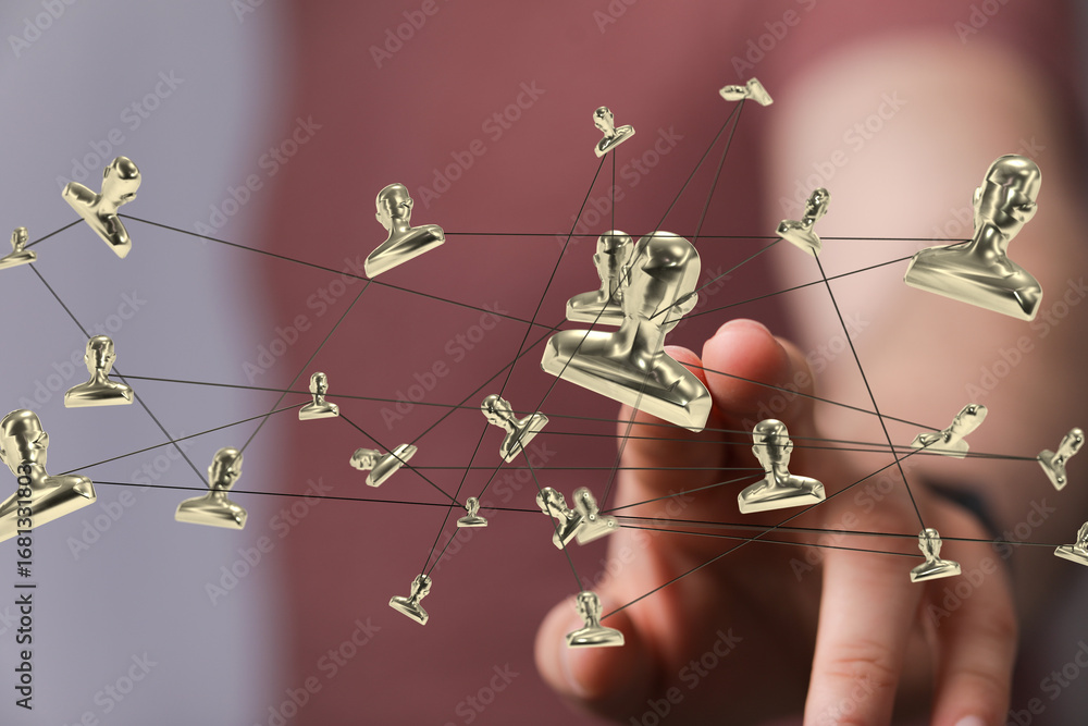 Poster abstract image of a network of golden profile icons. ideal for business, social media, and networkin