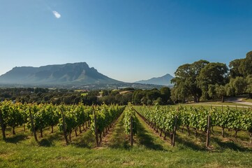 Naklejka premium Vineyards nearby with scenic sky and summer vibes, featuring natural trees, grass, and forest landscape