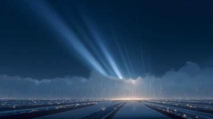 Obraz premium Blue light beams shine through dark clouds above a city reflecting on roads during nighttime