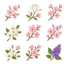 Almond cluster icon collection twig pear blooming apple branch plum blossom vector