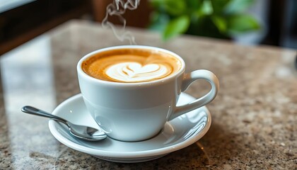 Fototapeta premium Steaming cappuccino in a white cafe cup, saucer, spoon, cafe culture, comfort