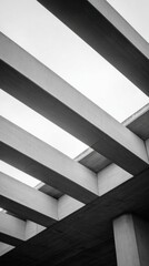 Black and white architectural shot of concrete support beams casting strong shadows, forming a repetitive grid pattern. Emphasizes modern industrial geometry.