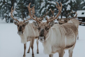 Reindeers on a snowy farm during winter
