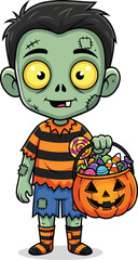 Zombie cartoon character with pumpkin candy basket, Halloween festive costume illustration, playful spooky design, cad drawing flat vector illustration