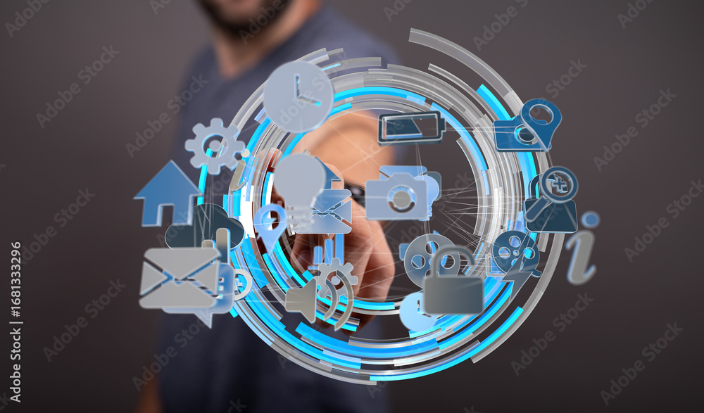 Poster person using touchscreen interface with various app icons. modern technology concept.