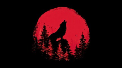 Wolf howling at red moon silhouette