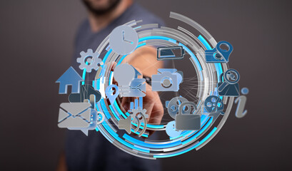 Person using touchscreen interface with various app icons.  Modern technology concept.