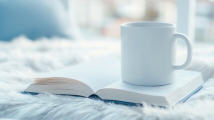 Cozy morning scene, white mug beside open notebook and pen on soft background, perfect for productivity or journaling moments.