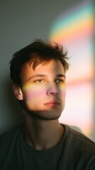 Fototapeta premium Portrait of a young man with soft natural light and a rainbow reflection across his face. Serene expression and dreamy atmosphere with colorful tones.