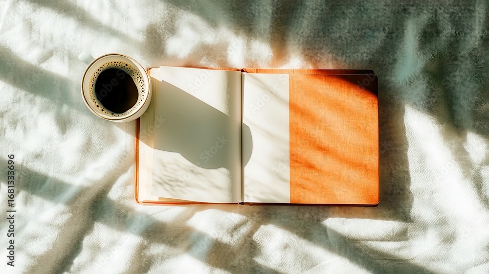 Poster warm coffee beside an open notebook, cozy workspace with soft light filtering through, inviting scen