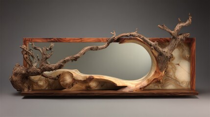 Wood sculpture with branch and mirror